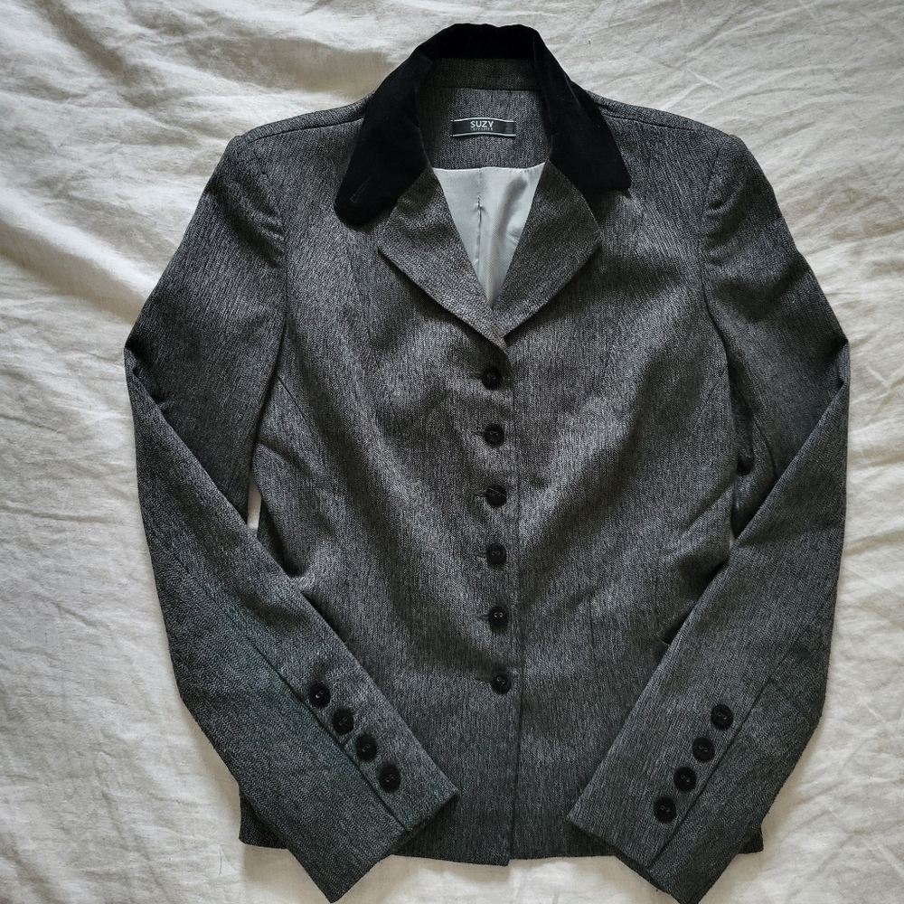 Suzy Shier Women's US4 Blazer Gray Black Velvet Panel Button Front Tailored Fit - Picture 10 of 16